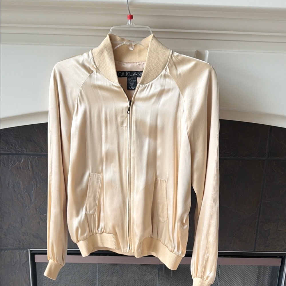 Silkland Women's Cream Satin Bomber Jacket